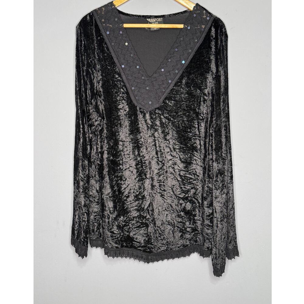 VTG Passport Plus Black Velvet Y2K Tunic Blouse Size: 3X 100% Rayon - Picture 2 of 4